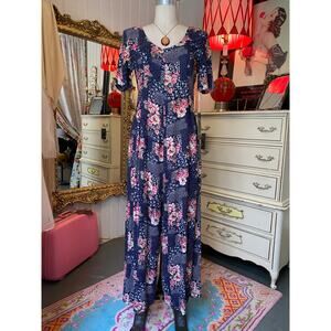 vintage 1980s palazzo pant jumpsuit all that jazz blue floral rayon wide leg m